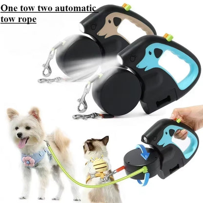 3M Rotating Nylon Pet Leash for 2 Dogs Adjustable Double Rope Leashes with Flashlight Poop Bag Box Pet Traction Rope Retractable