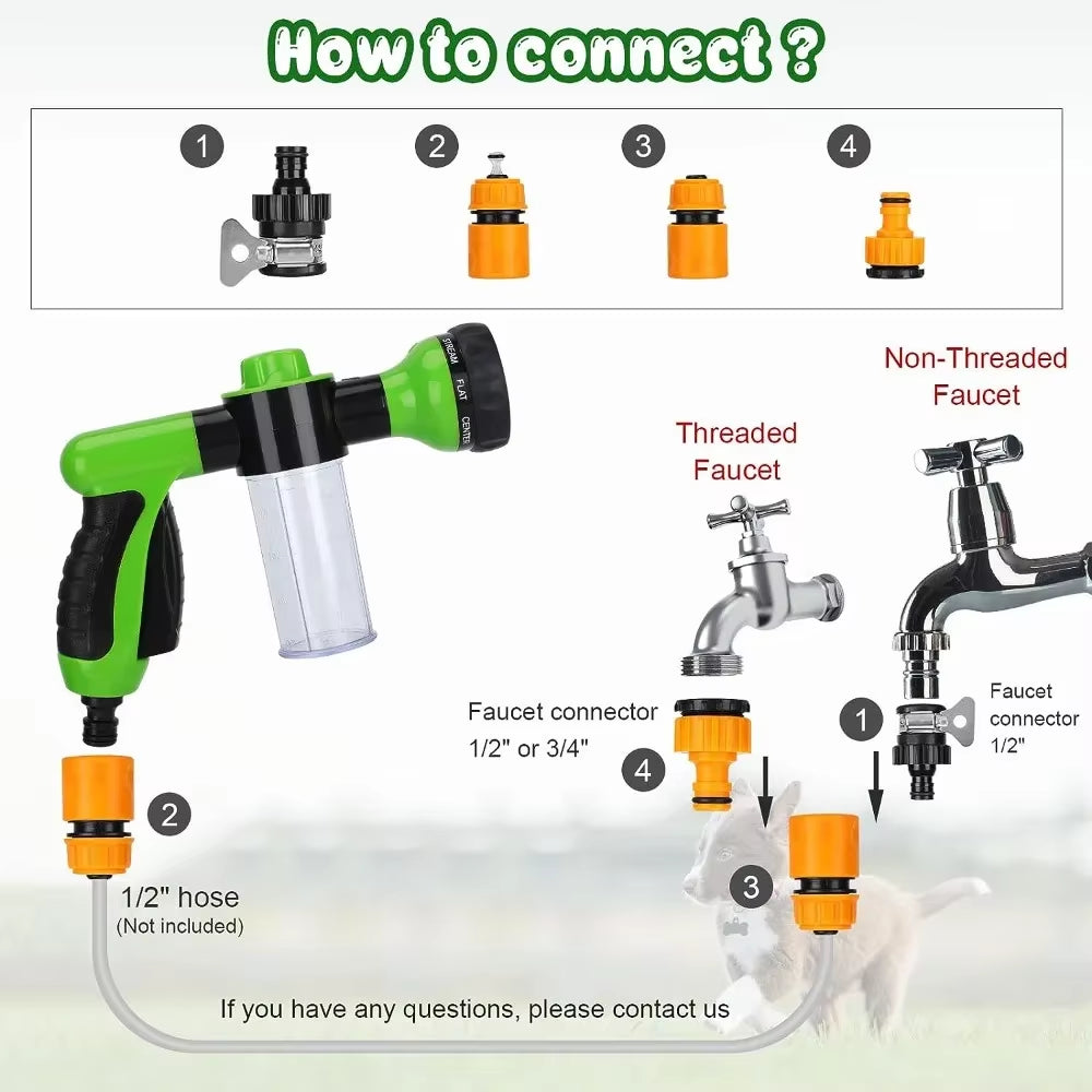 Dog Shower Sprayer 8 in 1 Pet Bath Cleaning Cat Dog Shower Gun High-Pressure Hose Nozzle Foam Garden Car Animal Dog Wash Tool