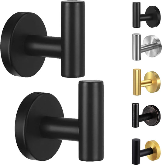 Towel Hooks for Bathroom,2 Packs Wall Mount Towel Holder,Black Matte Wall Robe Hook,Stainless Steel Heavy Duty Door Hanger Towel Hook for Kitchen, Bedroom,Hotel,Pool,Coats(Drilling)