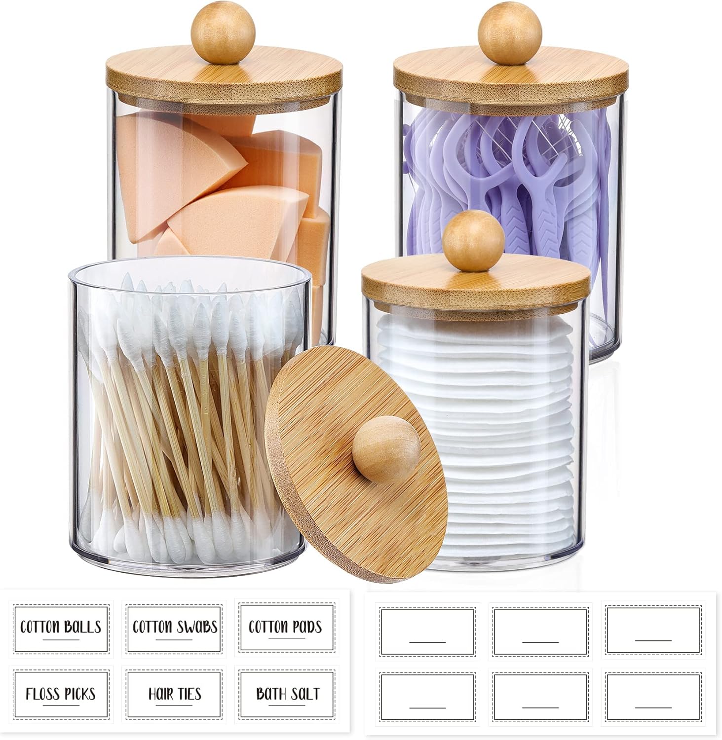 4 Pack Qtip Holder Dispenser with Bamboo Lids - 10 Oz Clear Plastic Apothecary Jar Containers for Vanity Makeup Organizer Storage - Bathroom Accessories Set for Cotton Swab, Ball, Pads, Floss